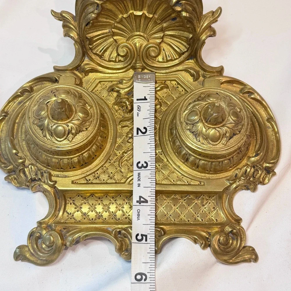 Brass Double Inkwell Antique Rococo Ornate French Art Nouveau Academia Depose